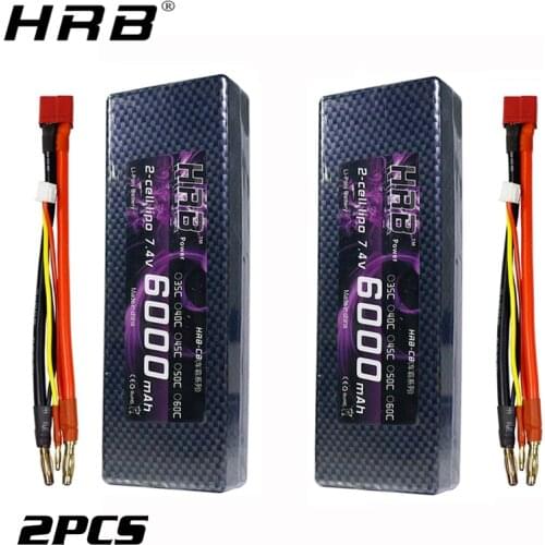 2PCS HRB Lipo Battery 2S 6000mah 7.4V T Deans XT60 XT90 EC5 to 4.0mm Banana 60C Hardcase For Traxxas Slash Car Airplane RC Parts