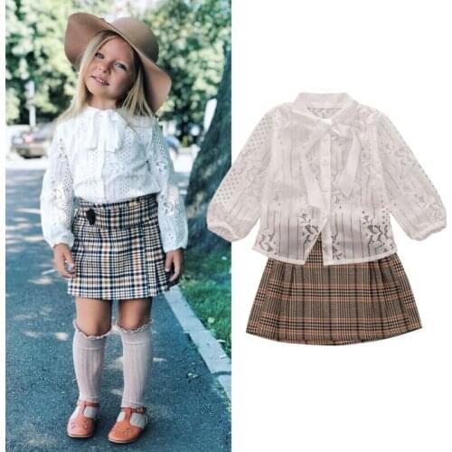 Princess Kids Baby Girls Long Sleeve Lace Tops Plaids Skirt Dress Clothes Set 1-6Y Fashion Spring Clothing