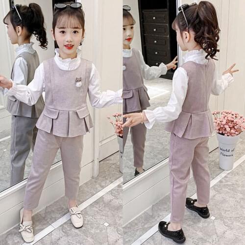 Toddler Girls Clothing Set 3Pcs Blouse+Vest+Pant Suit New 2021 Spring Autumn Kids Set For Age 3t-12Yrs Teen Girls Clothing Suit