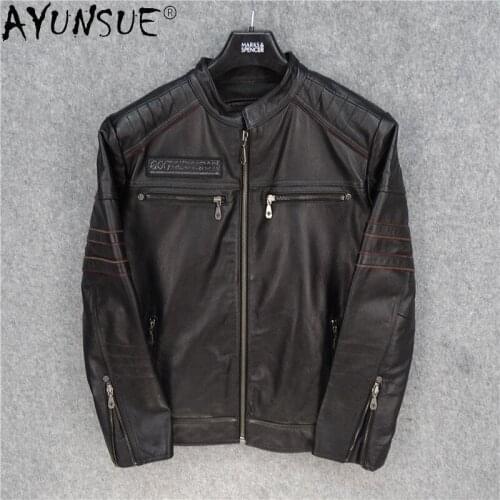 AYUNSUE Jacket Men real Cowhide Leather Jackets Embroidered Skull Coat Motorcycle Mens Clothing Rock Clothes Male Ropa LXR515