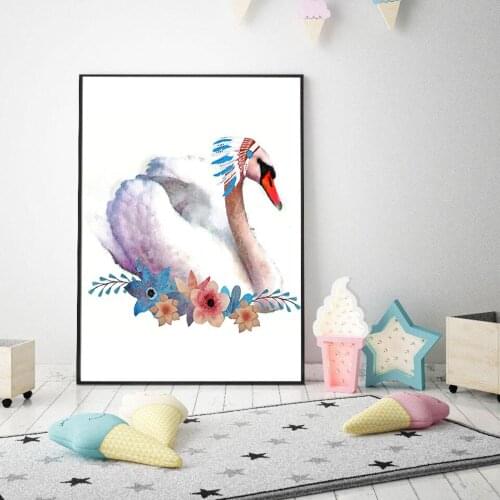 Swan Art Canvas Painting Watercolor Indian Style Feathers Posters and Prints Wall Picture for Kids Room Home Decor No Frame