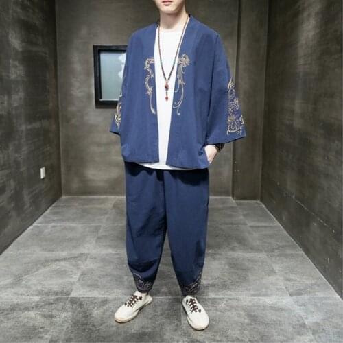 Summer Embroidered T-Shirt Two-Piece Suit Chinese Style Tang Suit Men Sets Plus Size Cotton Line Hanfu Asian Clothing 30369