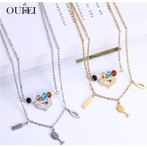 OUFEI Heart Wine Glass Necklace Earrings Set Stainless Steel Jewelry Sets Multi Layer Necklace Fashion Jewelry Accessories
