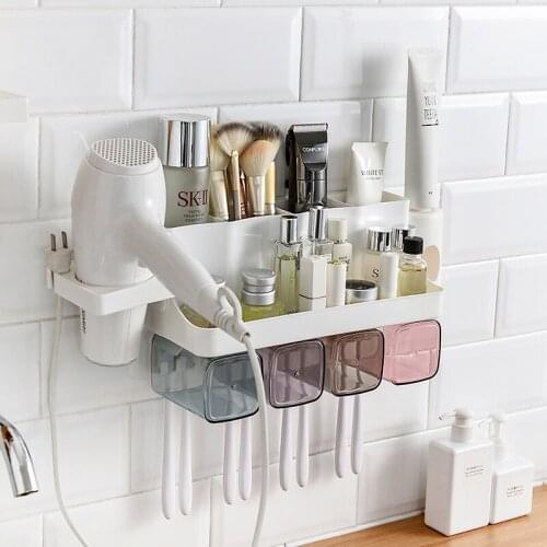 Multifunctional Toothbrush Holder with Cup Wall Mounted Bathroom Organizer Toothpaste Dispenser Plastic Storage Rack Soap Holder