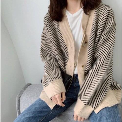 One-Piecekorean Retro Lazy V-Neck Single-Breasted Loose Irregular Diamond Texture Cardigan Sweater Knit Jacket Ladies
