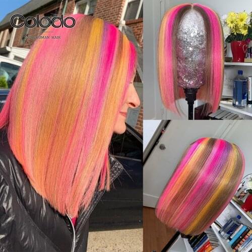 Pink Highlight Wig Human Hair with Baby Hair Pre Plucked Middle Part Bob Wig Glueless Transparent Lace Wigs for Women COLODO