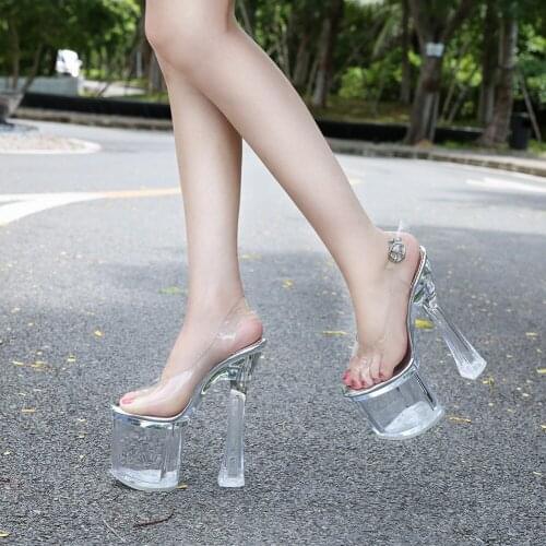 18CM Sexy crystal transparent high heels waterproof platform catwalk nightclub womens high-heeled sandals Size 35-41