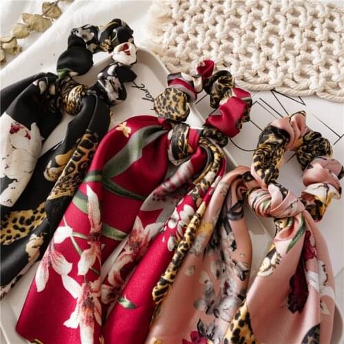 Long Ribbon Floral Print Scrunchie Silk Satin Elastic Hair bands For Women Ponytail Scarf Bows Hair Ropes Girls Hair Accessories