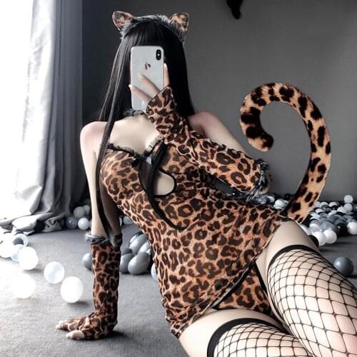 Sexy Leopard Suspender Skirt Hollow Suit Cute Cat Women Cosplay Uniform Cat Ear Gloves Thong Tail Temptation Erotic Lingerie