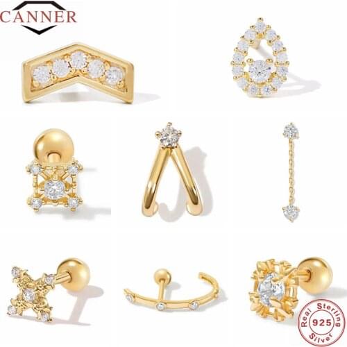 CANNER 2 Pcs Mini 925 Sterling Silver Stud Earrings For Women CZ Zircon Pierced Cartilage Earring Earings Jewelry Pendientes