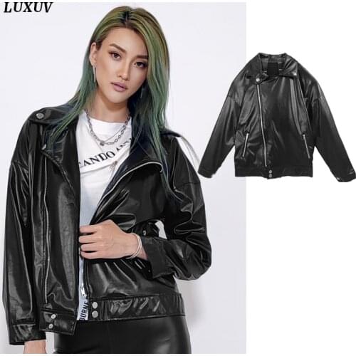 LUXUV Biker Zipper Jacket Women Spring Imitation Leather Cropped Coat Y2K Clothing Autumn Faux Outfit Oversize Bomber Trench