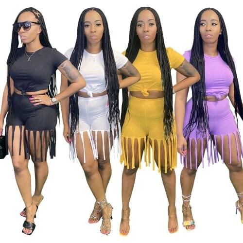 Echoine Summer Two Pieces Taasels Shorts Outfits 2021 Women Fashion T Shirt Short Sleeves O Neck Sports Casual Party Outfits