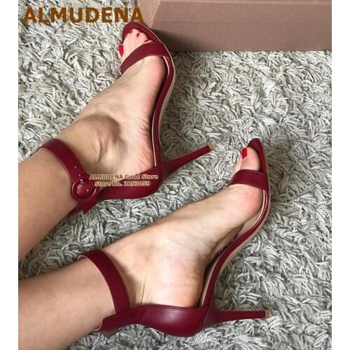 ALMUDENA Women Wine Red Matte Leather High Heel Sandals Concise Single Strap Round Buckle Dress Shoes Wedding Pumps Size46