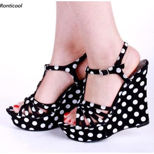 Ronticool 2021 Handmade Women Summer Sandals Polka Dot Pattern Wedges High Heels Open Toe Pretty Black Party Shoes US Size 5-13