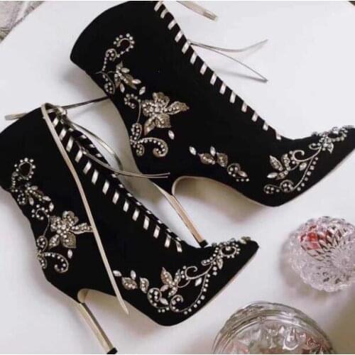 Rhinestone Flowers Ladies Lace Up Ankle Boots Black Suede Leather Women Point Toe Boots Blade Metal Heel Female Sexy Dress Boots