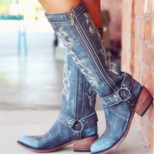 Gothic Women Medieval Retro Witch Cosplay Costumes PU Leather Tall Boots British Style Carnival Party Embroidery Shoes