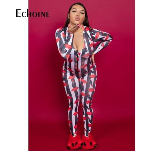Echoine Womens Sexy Lips Print Home Onesies Jumpsuit Sleepwear long Sleeve Bodycon Jumpsuit Bodysuit Romper trousers Overalls