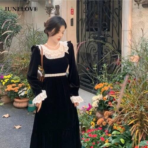 French Retro Temperament Palace Style Velvet Dress Slim Lace Midi Korean Dress Women Elegant Party Evening Dress One Piece Dress