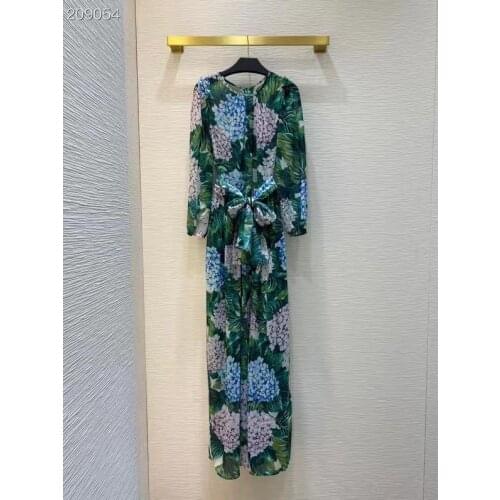 Runway Fashion Summer Dress Women 2021 Designer New Flower Print Belt Button Long Sleeve High Fashion Long Dress