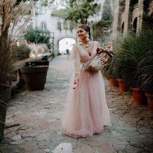Blush Pink Beach Wedding Dresses V Neck Feather Belt Vestido De Noiva Long Sleeves Floor Length Tulle Bridal Gown Robe De Mariée