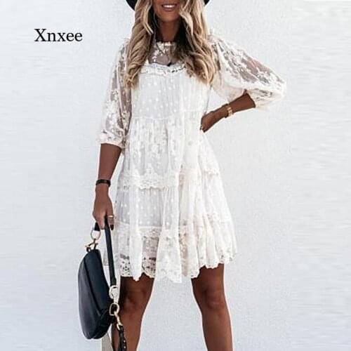 2021 Spring Womens Dress Embroidered Lace Mesh Fashion Evening Dress Elegant Solid Color Sleeve Ruffled Mini Dress Female O-Nec