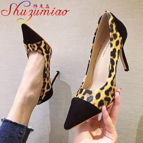 2021 New Spring And Autumn Women Pumps Fashion Splicing Pointed Toe Career High-Heel Shoes Wild Leopard Print 9CM Stiletto Shoes