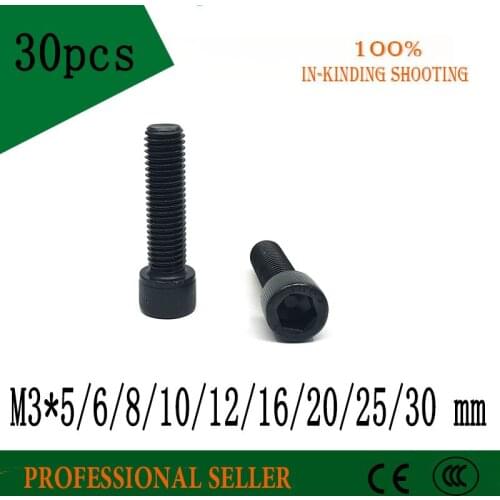 30Pcs M3 *5/6/8/10/12/16/20/25/30mm DIN912 high strength Alloy Black Steel Hexagon Socket Head Cap Furniture Screws