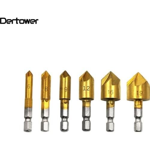 6PCS 5 Flute Chamfer Countersink 1/4" Hex Shank HSS 90 Degree Wood Chamfering Cutter Chamfer 6mm-19mm Countersink Drill Bit