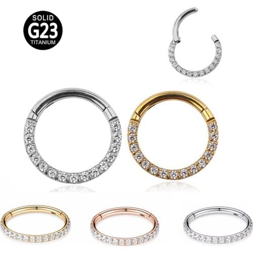 F136 Titanium CZ Hinged Segment Clicker Nose Ring Daith Earrings Hoop Nipple Ear Cartilage Tragus Lip Stud Piercing Body Jewelry