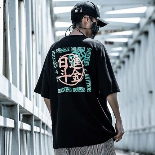 Hip Hop Summer TShirts Men Streetwear Casual Chinese Letter Print T-Shirts Male Short Sleeve Tops Tees Cotton White T Shirts