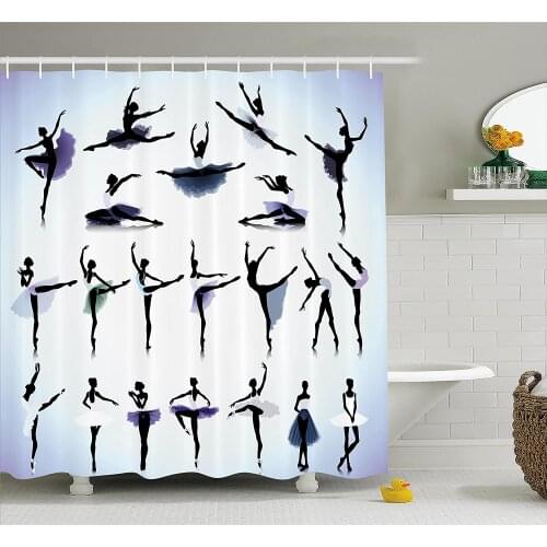 Art Shower Curtain Female Ballet Dancers Performing Arts Black Silhouettes Illustration Bath Curtain With Hooks For Bathroom
