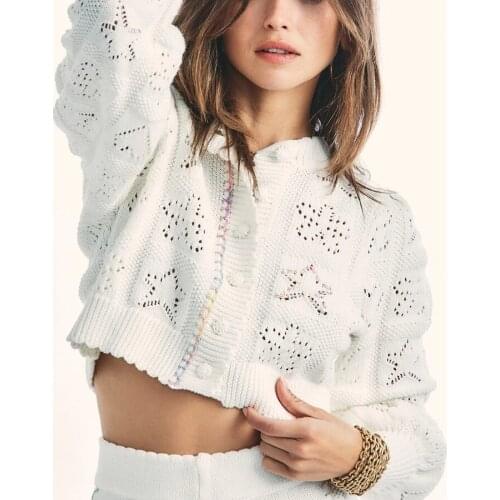 GypsyLady Hollow Out Cropped Cardigan Sweater Embroidered Autumn Chic Knitted Long Sleeve Women Sweater White Ladies Knitwear