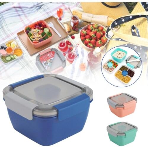 Salad Lunch Container 1.5L Salad Bowl 3-Compartment Lunch Box with Dressing Container Fork Airtight Lid