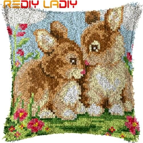 Latch Hook Cushion Rabbits & Flowers Pillow Case Printed Color Canvas Acrylic Yarn Latched Hook Pillow Crochet Cushion Cover Kit