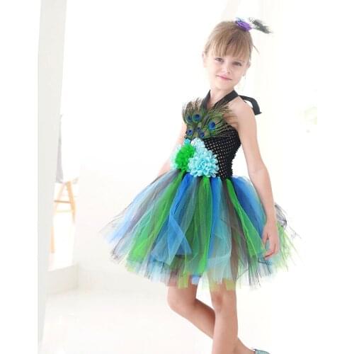 Hot Girls Peacock Dress with Feather Hair Clip Princess Birthday Costume Kids Party Dresses Flower Girl Dress Tulle Tutu Dress