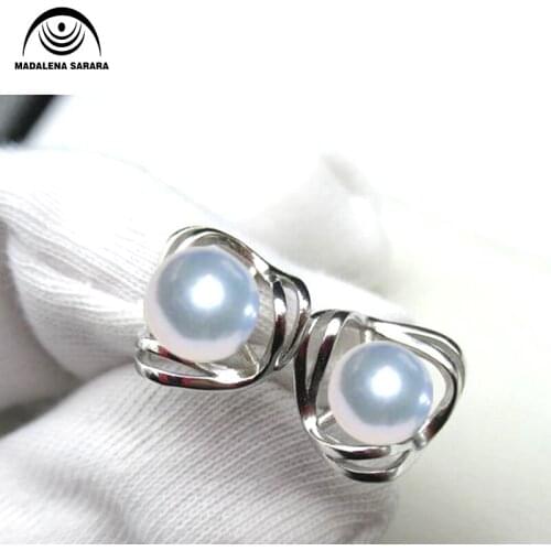 MADALENA SARARA 7-8 AA Freshwater Pearl Round Shape Natural White Sterling Silver Flower Style Earrings