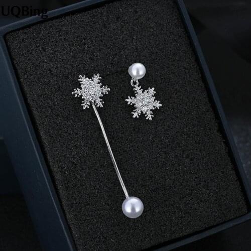 Fashion 925 Sterling Silver SnowFlower Pearl Asymmetrical Earrings Jewelry Pendientes Brincos