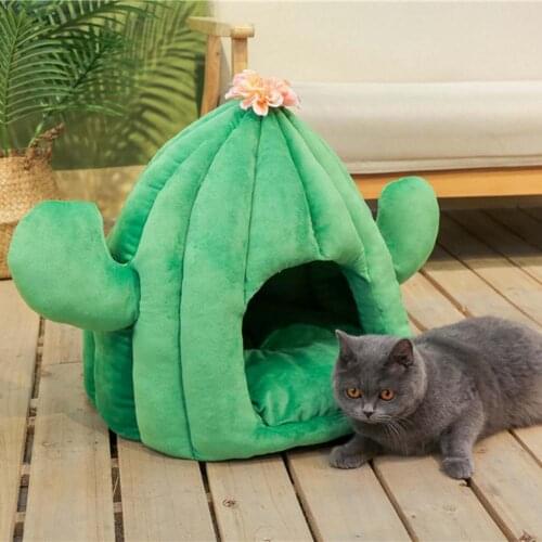 Cartoon Cactus Cat Bed With Removable Cushion Pet Cat Litter Tent House Kitten Cave Plush Toy Winter Pet Cat Litter