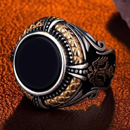 Vintage Ornate Silver Ring Black Onyx Gemstone Men Ring Double Style Hawk Ring Animal Jewelry Perfect Men Gift