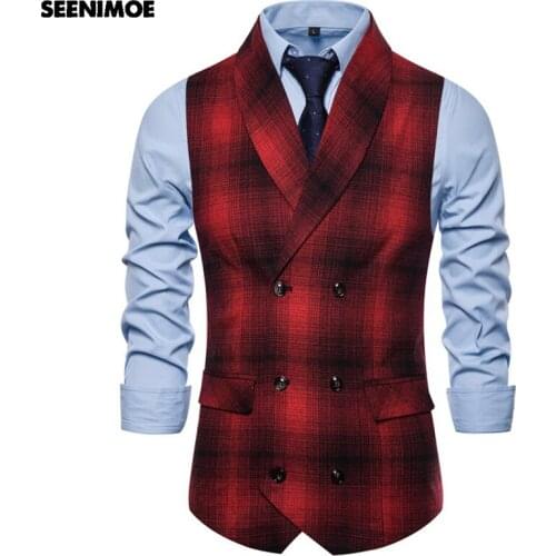 SEENIMOE Mens Wedding Waistcoat Casual Stripe Double Breasted Turndown Collar Waistcoat M-3XL Formal Blazer Vest Suit