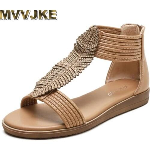 MVVJKE 2021 summer flat shoes Womens sandals Rhinestone Bohemia gladiator rome sandalias ladies casual big size 41 42