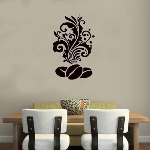 Wall Decals Coffee Bean With Floral Pattern For Kitchen Cafe Shop Home Interior Design Art Mural Wall Sticker Poster Decoration