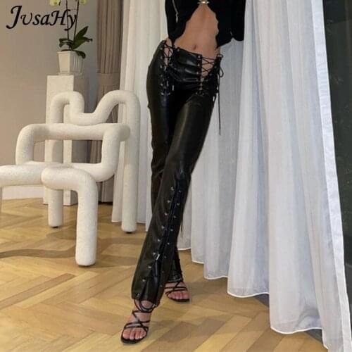 JuSaHy Y2K Faux PU Material High Waist Pants Hip Pop Style Bandage Tight Skinny Bodycon Hipster High Streetwear Female Trousers