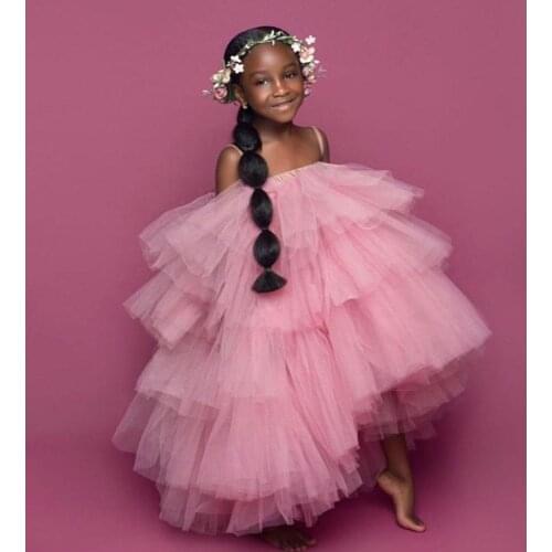 Pink Ball Gown Flower Girl Dresses For Wedding Spaghetti Tiered Skirts Toddler Pageant Gowns Tulle Kids Prom Dress