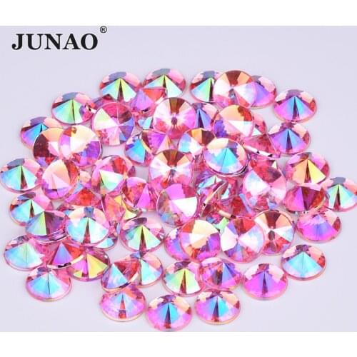JUNAO 4 5 6 10 mm Pink AB Color Round Nail Rhinestones Flat Back Acrylic Crystals Non Sewing Beads For DIY Clothes Crafts