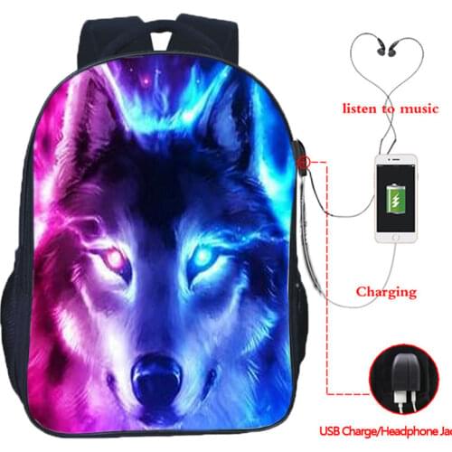 Animal Wolf 3d Printed Backpack USB Charging Wolf backpack boys girls Travel Rucksack School Bags for Teens Student bookbag