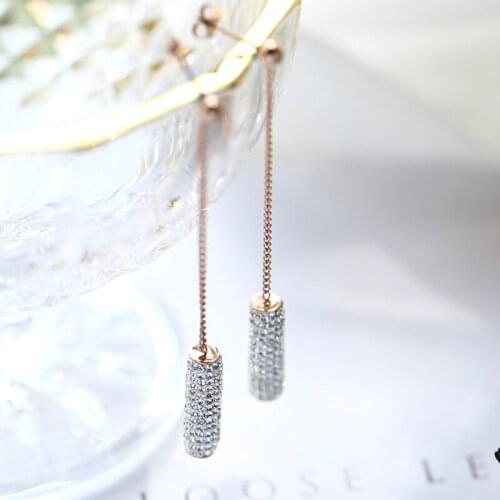 YUN RUO 2018 New Fashion Crystal Column Stud Earring Woman Rose Gold Color Titanium Steel Jewelry Girl Birthday Gift Never Fade