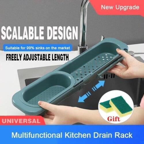 Telescopic Sink Rack Storage Holder Tray Home Kitchen Organizer Sponge Soap Holder Adjustable Drainer Basket with Towel Bar