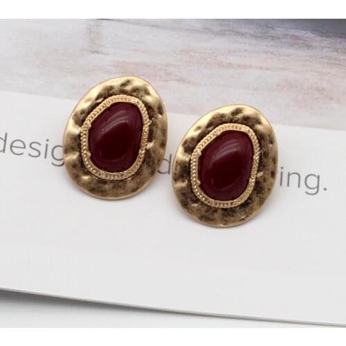 Vintage Earrings Red Stone Romantic Large Earring Zinc Materials Irregular Stud Female Burgundy Color 2021 New Trend 202113
