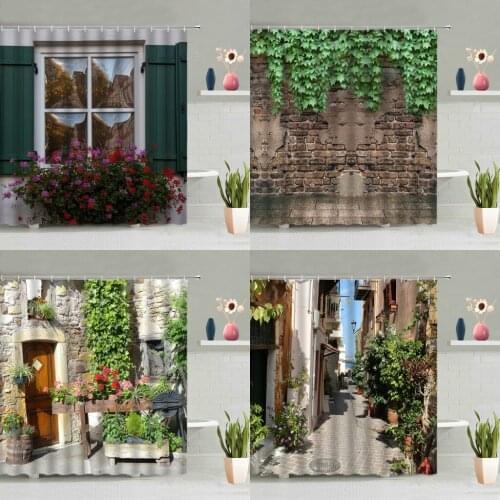European Style Retro Street Scenery Shower Curtain Flowers Green Leaves Plants Bathroom Bathtub Decor Screen Washable With Hook